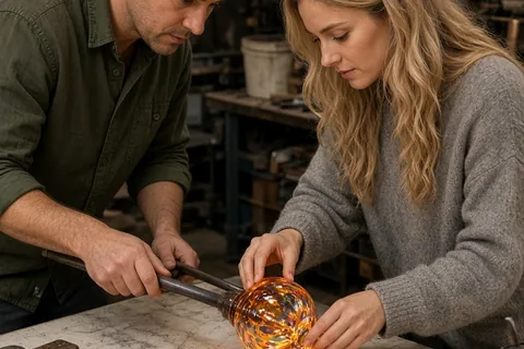 A couple in a glassblowing studio shaping a glass ornament