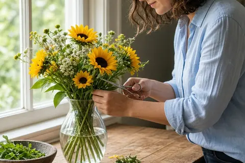 A woman with shoulder-length wavy brown hair carefully arranging sunflowers in a mouth-blown glass vase on a wooden windowsill