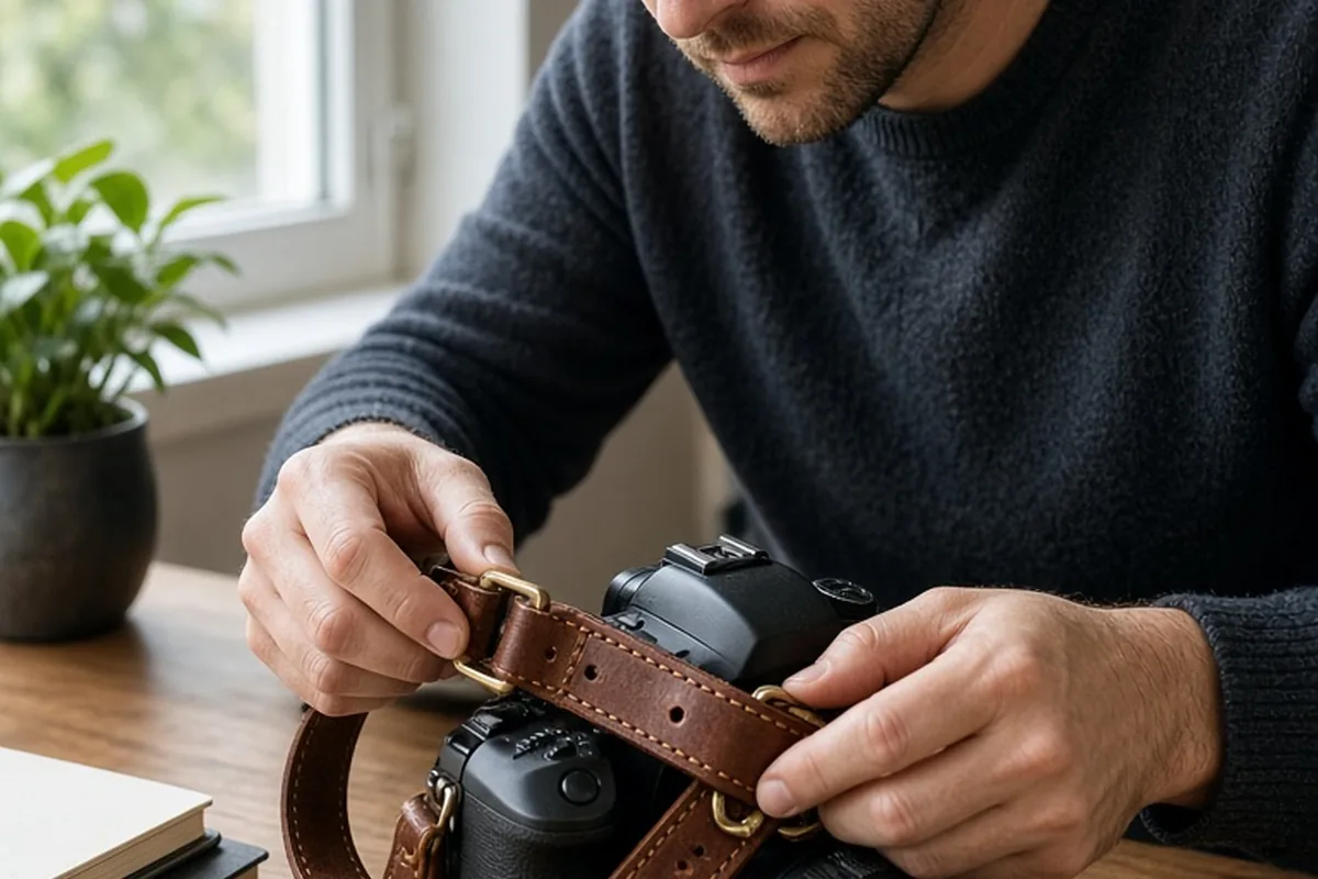 Close-up of a man's hands attaching a brown leather camera strap with hardware to a black DSLR camera on a wooden desk in a home office under natural window light