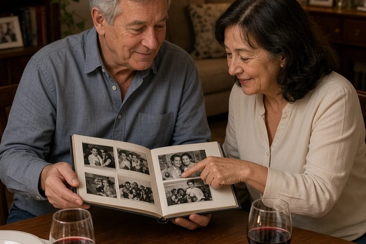 Clearly adult older couple in their late sixties sitting together at a dining table in a cozy living room, the man opening an old photo album while the woman smiles and points at a vintage photograph,