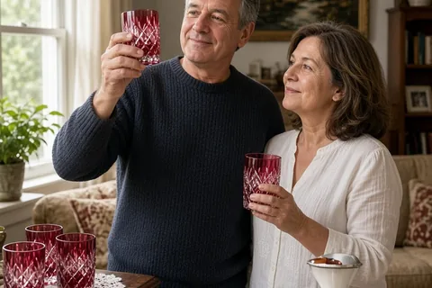 A middle-aged couple holding a ruby-tinted crystal glass up to the light in a living room, with other ruby crystal glassware on the table in the background