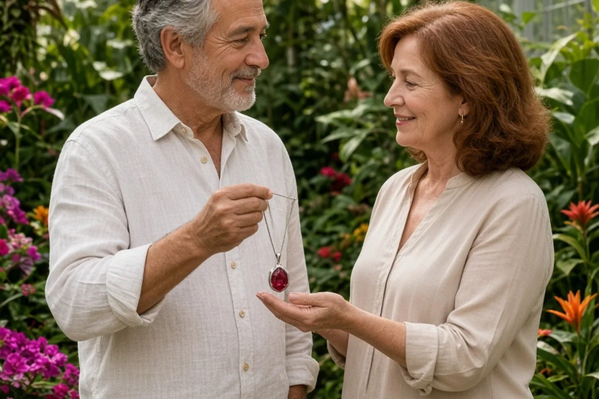 A man in his late 60s handing a ruby pendant necklace to a woman in her late 60s while standing among plants in a botanical conservatory with glass walls and ceiling