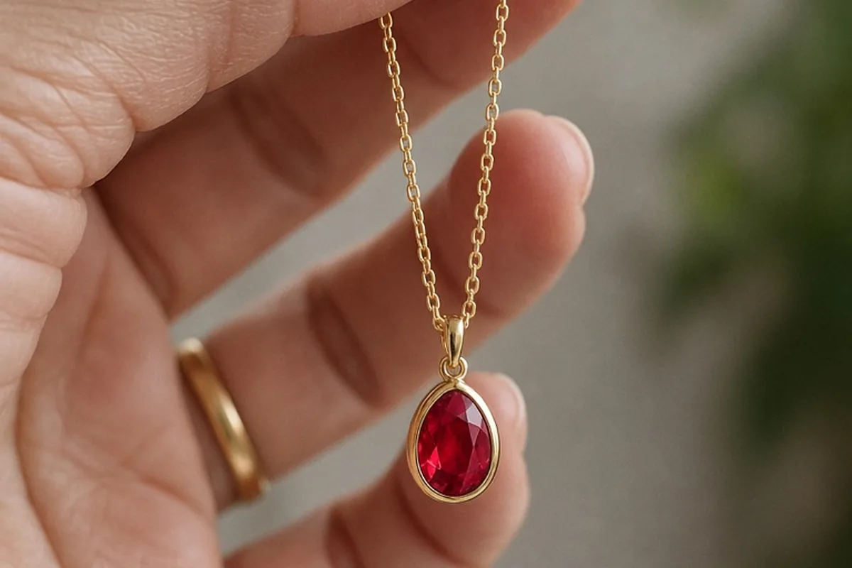 A close-up of a woman's hand holding a ruby pendant on a gold chain, showing the red gemstone and chain in sharp detail