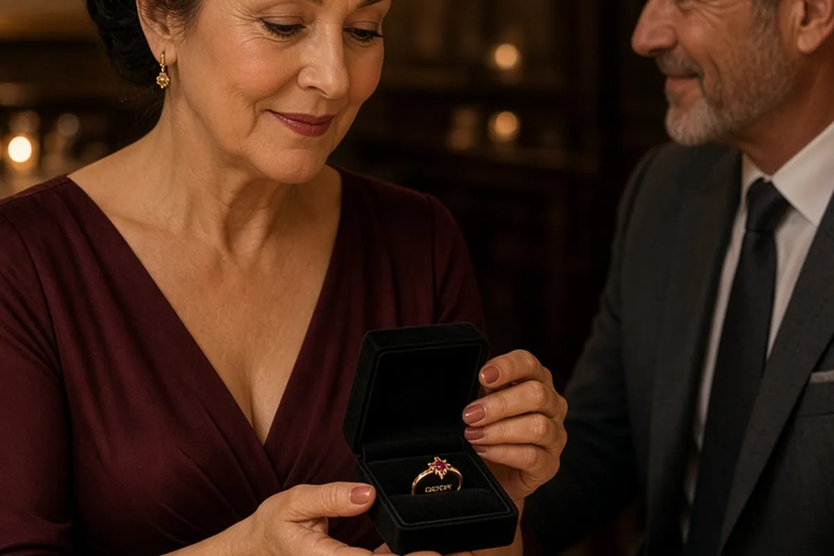 Woman in a red dress opening a black jewelry box with a star ruby ring at a candlelit anniversary dinner table, her husband smiling beside her