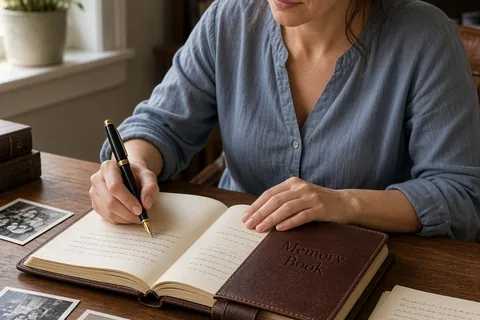 A woman in her early forties writing a personal message in an open memory book on her desk surrounded by vintage photographs and handwritten notes