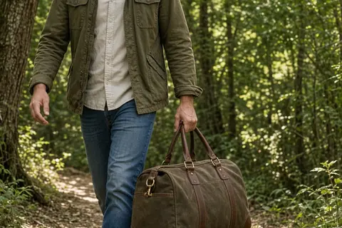 A man in his early forties carrying a heavy waxed-canvas weekender duffel with reinforced leather handles on a hiking trail