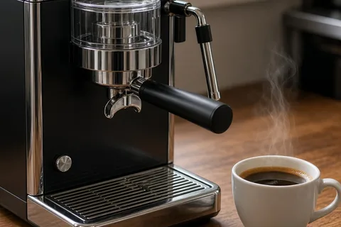 A premium espresso machine on a kitchen counter next to a steaming cup of espresso