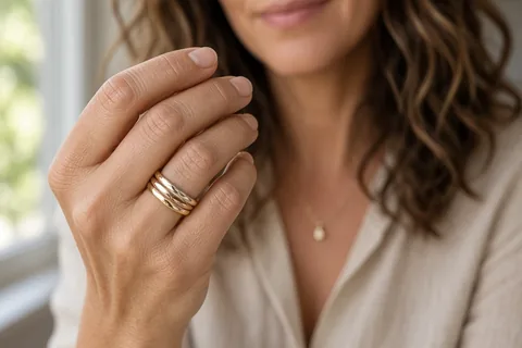 A woman in her early 40s with shoulder-length wavy brown hair, wearing a light beige blouse, raising her left hand to display four interlocking yellow, rose, and white gold rings on her fingers in a b