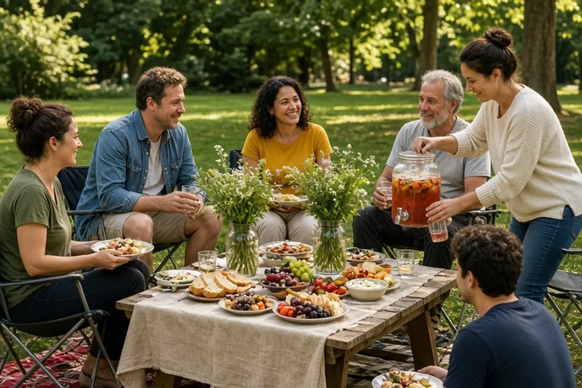 Group of adults sitting on blankets in a park enjoying a picnic with food on a table and greenery in jars