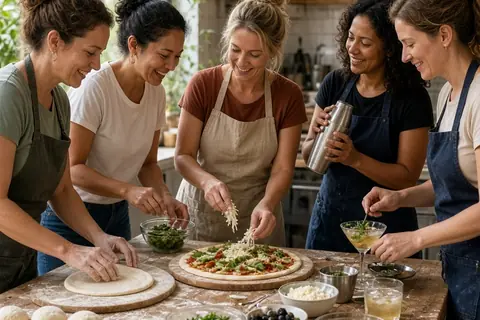 Group of five women in a kitchen studio making pizza and cocktails