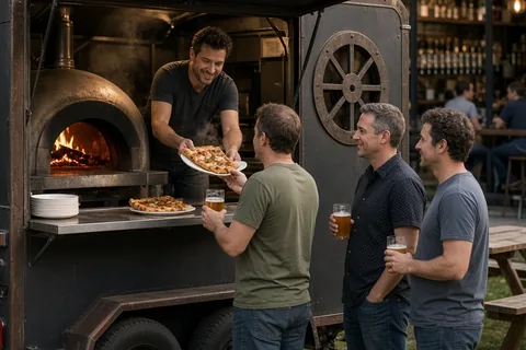 A mobile wood-fired pizza trailer serving slices of pizza to a group of friends at an outdoor brewery taproom