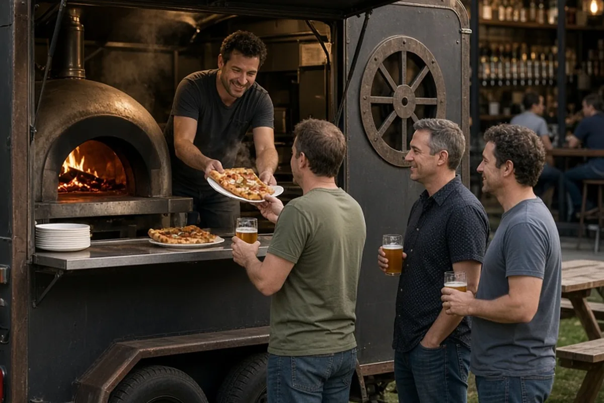 A mobile wood-fired pizza trailer serving slices of pizza to a group of friends at an outdoor brewery taproom
