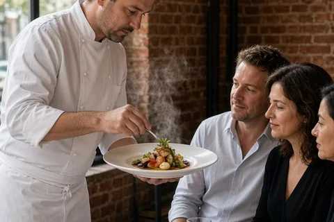 Private chef plating a tasting menu dish for a couple in a loft dining room