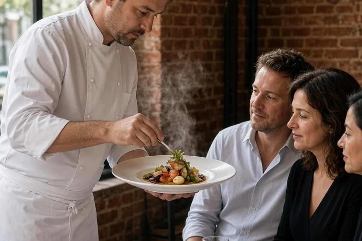 Private chef plating a tasting menu dish for a couple in a loft dining room