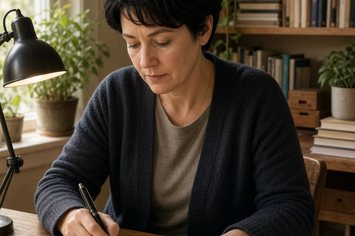 A woman in her mid-40s with short black hair writes a letter at a wooden desk in a home office with fountain pen and paper