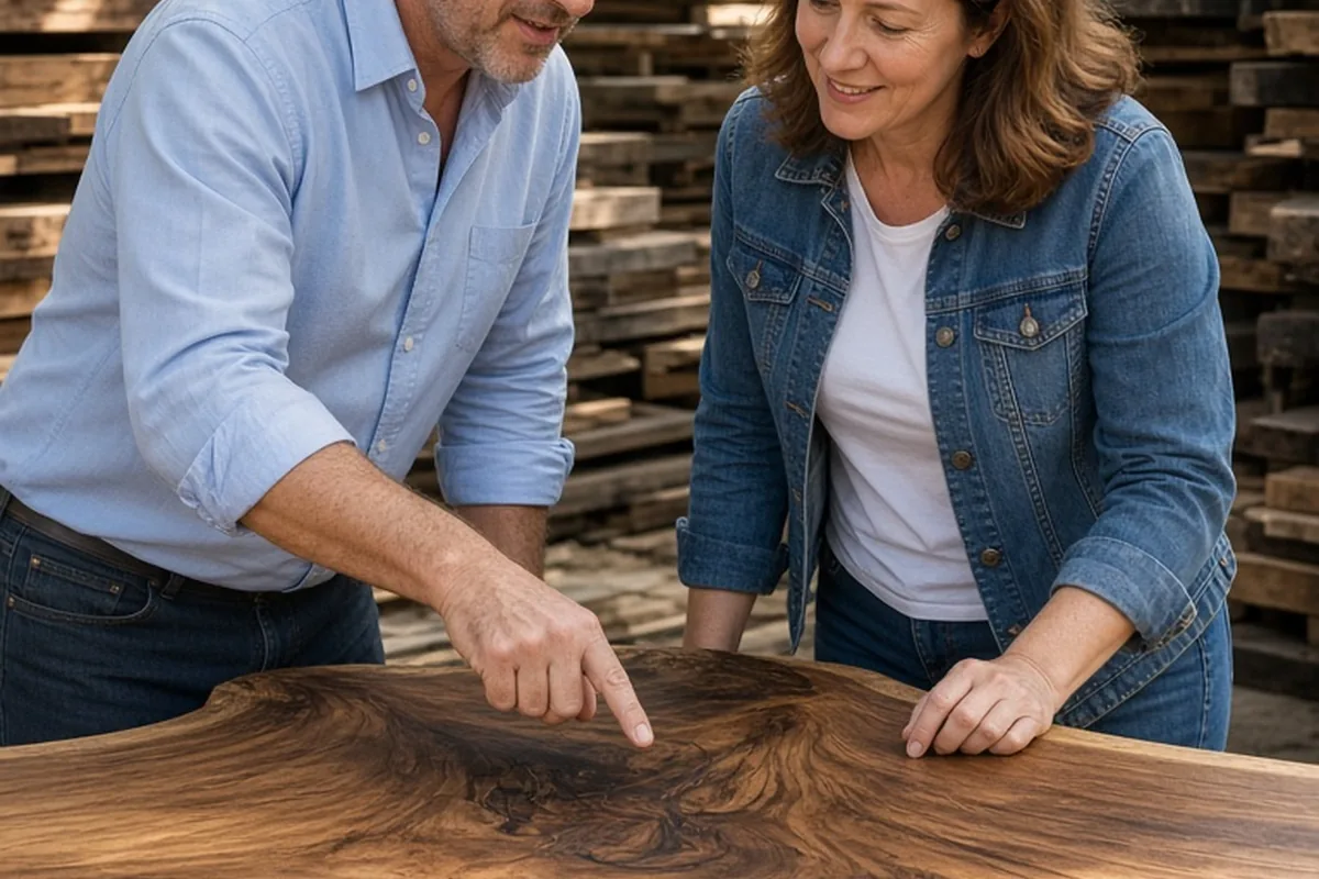 A man and woman in their mid-forties in a timber yard examining a large walnut wood slab.