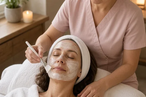 A woman in her mid-forties with shoulder-length wavy brown hair wrapped in a towel wearing a white spa robe lying on a spa table with eyes closed as an aesthetician applies a facial mask and massages 