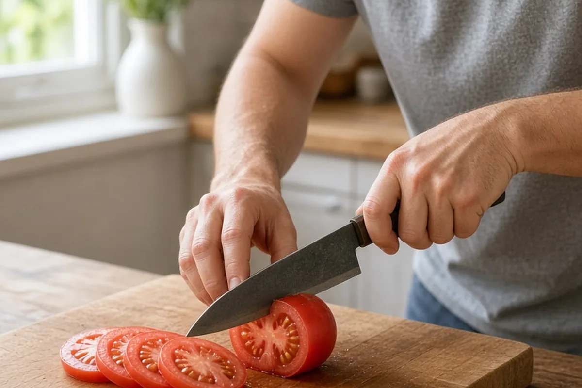 A man in a kitchen using a hand-forged Japanese santoku knife to slice a tomato on a wooden cutting board