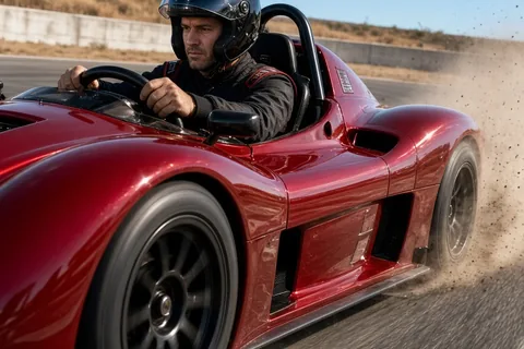 A man driving a red race car at high speed around a corner on a racetrack