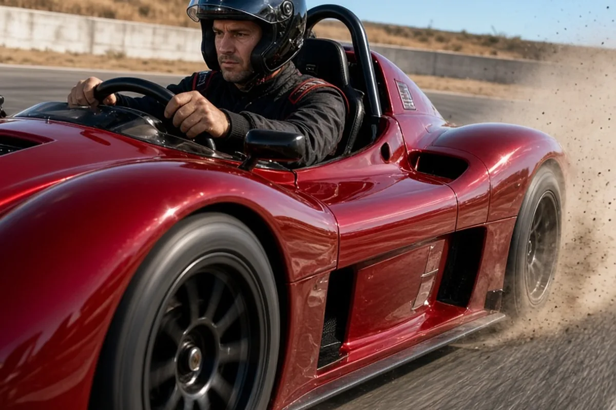 A man driving a red race car at high speed around a corner on a racetrack
