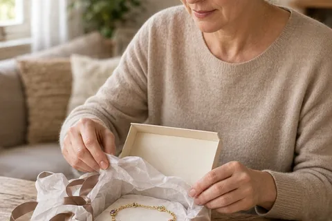A woman in her mid-40s with dark brown hair in a loose bun carefully opening a wrapped gift box, revealing a delicate gold bracelet with birthstones inside