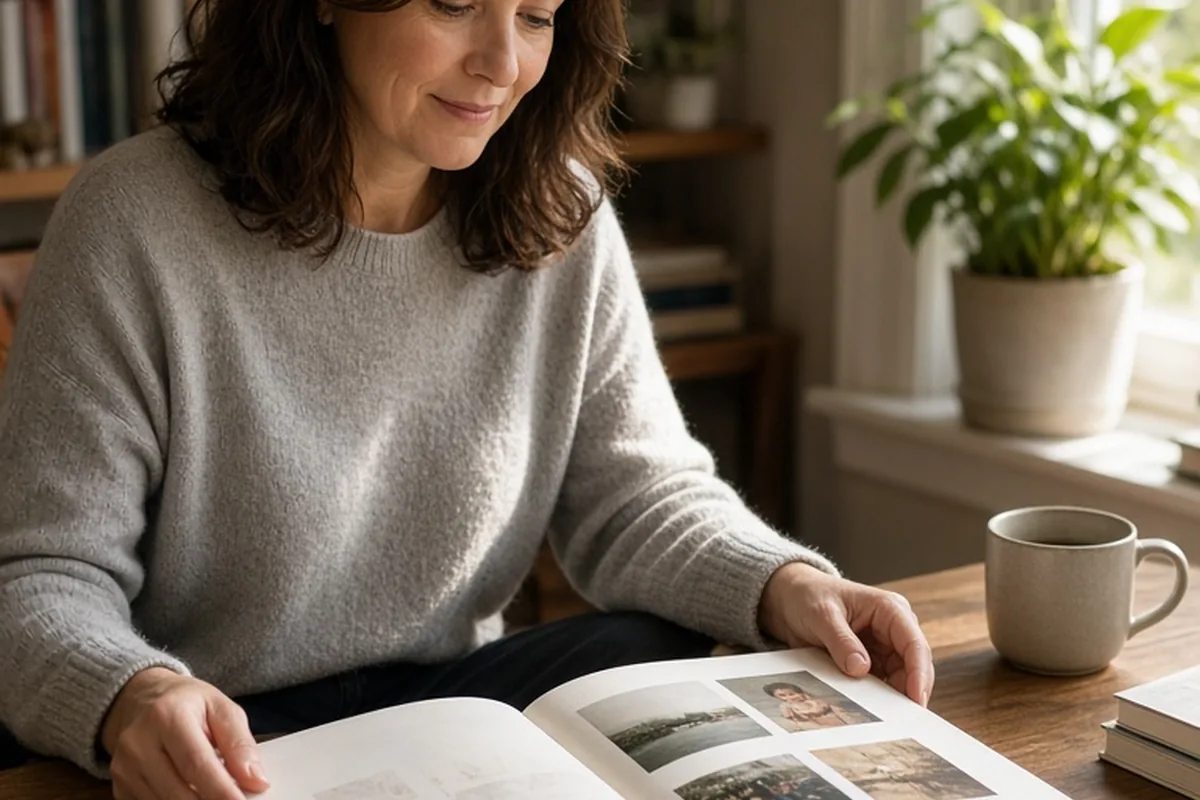 A woman in her mid-forties with shoulder-length dark brown hair opens a custom-bound linen photo book filled with family photographs on a wooden desk in a sunlit home office