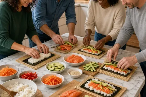 Four adults preparing sushi rolls at a kitchen island during a 45th birthday celebration