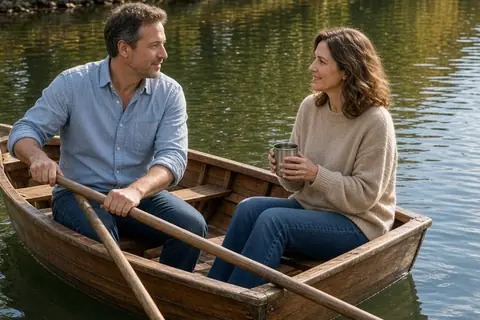 A couple in their 40s rowing a small wooden boat on a calm lake with an apple orchard in the background under bright sunlight.