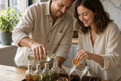 The couple preparing a cocktail at the kitchen counter with the craft cocktail gift kit open, the man in the linen overshirt pouring the drink