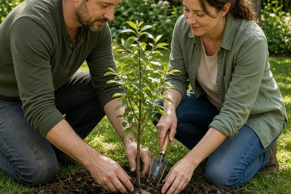 A couple planting a young fruit shrub together in a sunny backyard garden