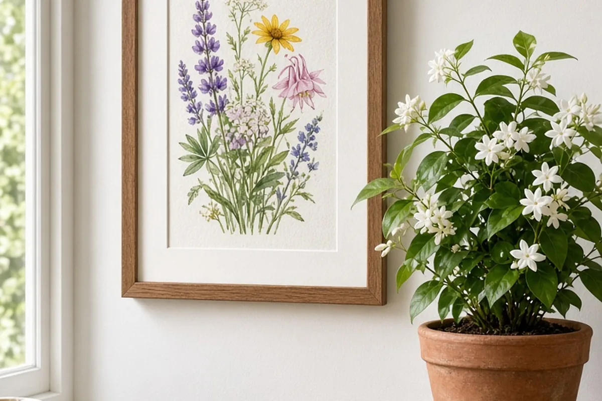 Custom framed watercolor print of wild mountain flowers hanging on a wall next to a potted jasmine plant on a wooden table