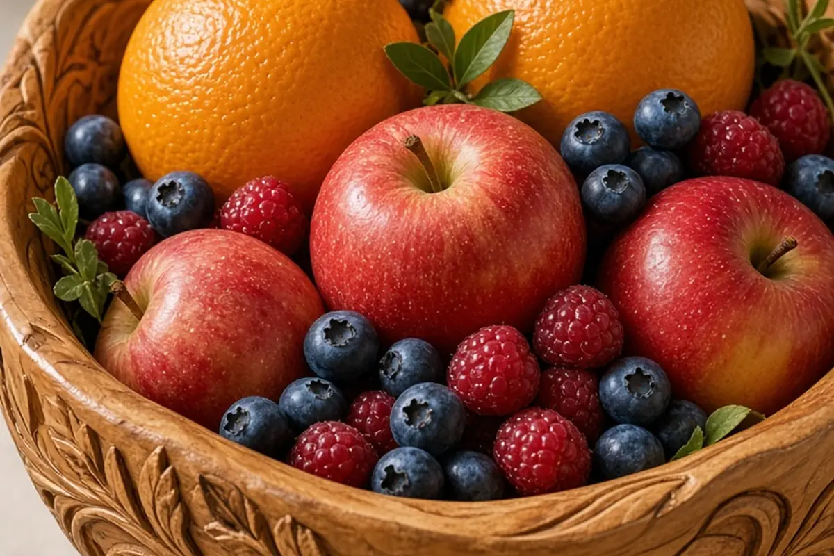 Close-up of a hand-carved olive wood fruit bowl filled with fresh oranges, apples, and berries on a wooden table under soft natural lighting.