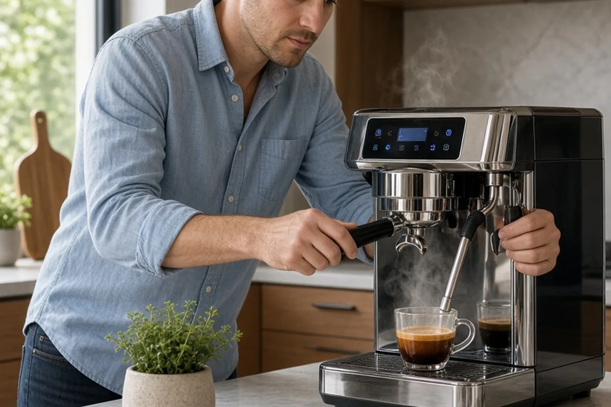 A man in his 30s with short brown hair and light stubble pulling a perfect shot of espresso from a sleek machine in a bright kitchen with steam rising from the cup