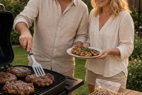 A man and a woman grilling steaks outdoors at dusk beside a backyard grill with an open gift basket of smoker chips, rubs, and a digital thermometer on the table