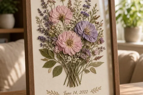 A custom glass-encased frame with pressed wedding bouquet flowers displayed on a wooden shelf in a living room.