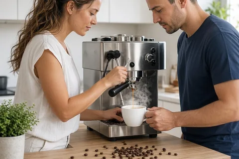 A young couple in a modern kitchen preparing cappuccino at an espresso machine with steam rising from the cups