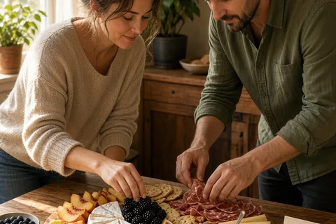 A couple in their early 30s assembling a fruit and cheese board at a dining table with fresh fruits, cheeses, and a card