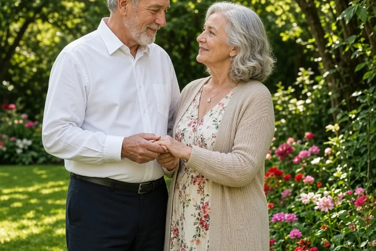 Older couple in botanical garden exchanging golden rings for their 50th anniversary vow renewal
