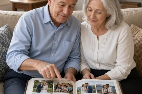 A couple in their 60s and 70s sitting on a sofa looking at an open family memory book in a living room