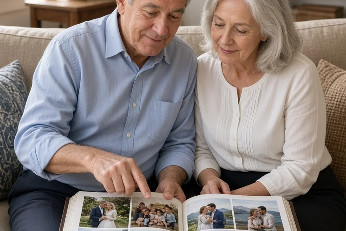 A couple in their 60s and 70s sitting on a sofa looking at an open family memory book in a living room