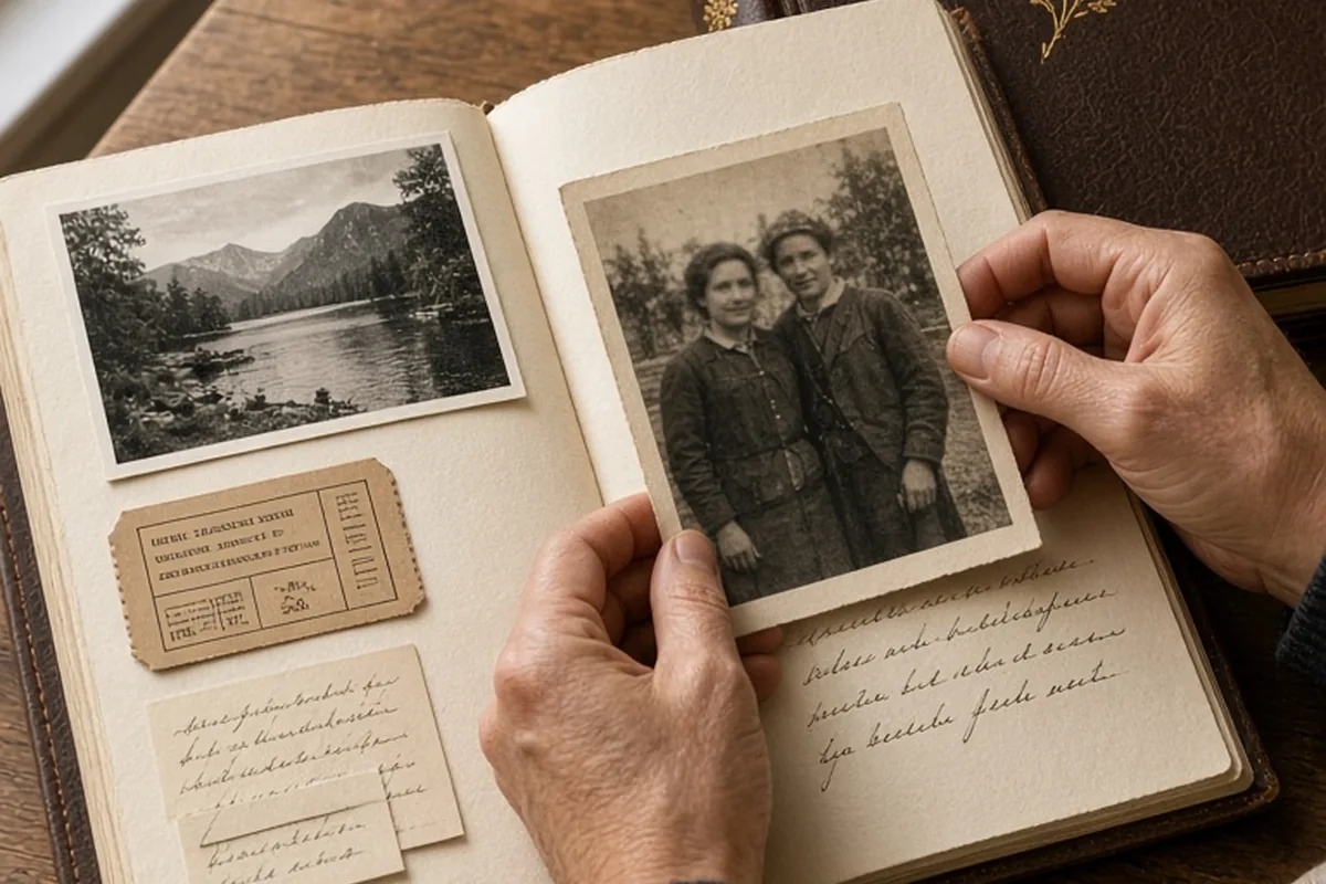 Close-up of an open custom leather-bound archival album with gold-embossed lettering and hands arranging vintage family photographs and letters on a wooden table