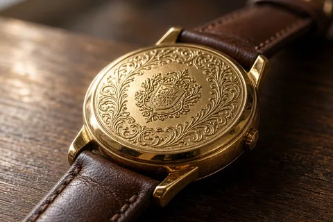 An elegant gold wristwatch with intricate engraving on the case back resting on a dark wooden table.