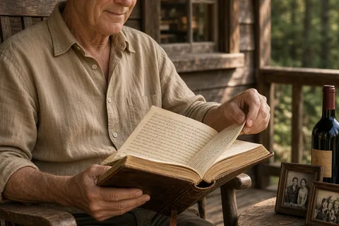 65-year-old man reading bound book of handwritten letters on cabin porch