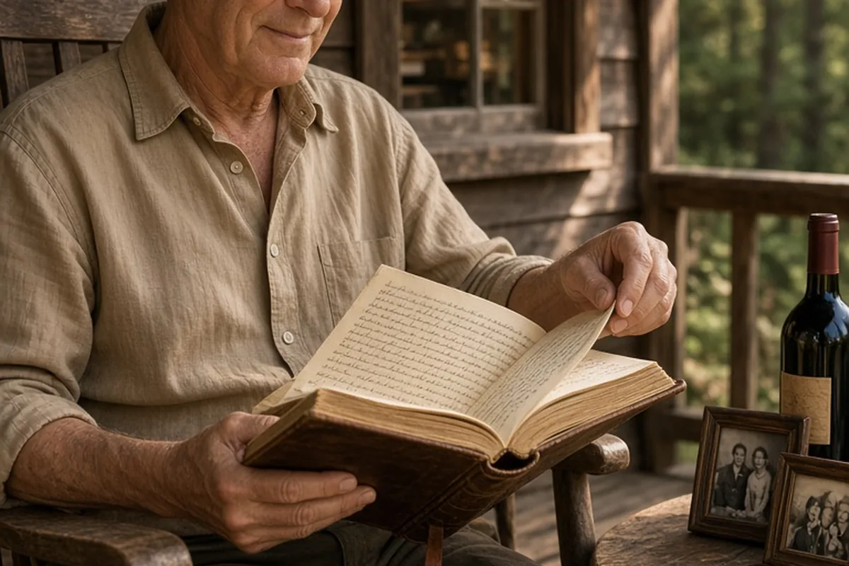65-year-old man reading bound book of handwritten letters on cabin porch