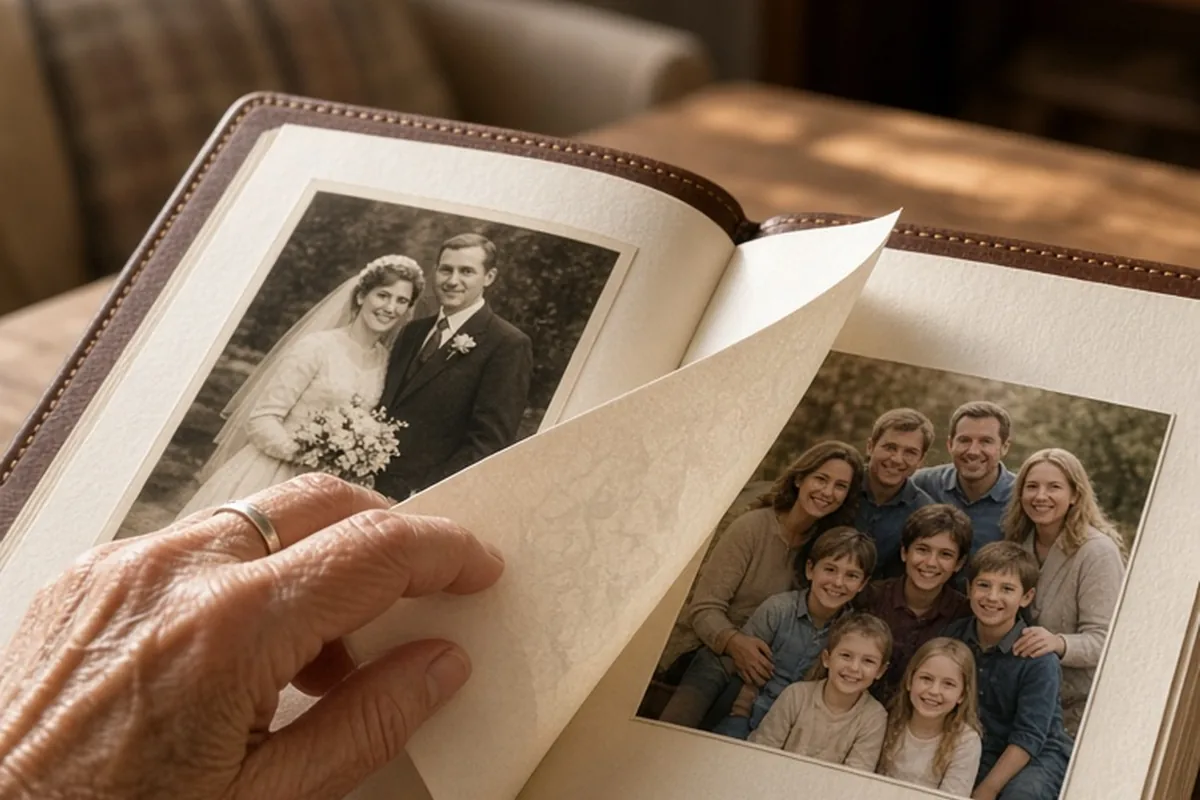 An elderly hand turning the page of an open brown leather anniversary book on a wooden table, with the page showing a wedding photograph and a family group portrait.