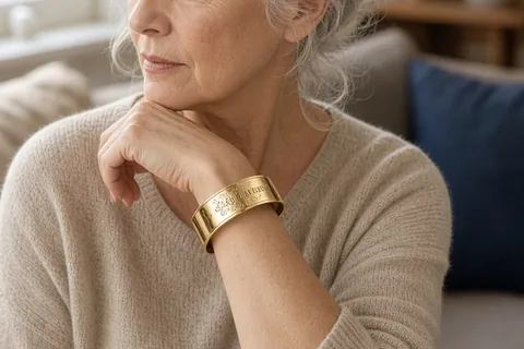 A woman in her mid-60s lifting her wrist to show the engraved wedding date inscription on her gold cuff bracelet