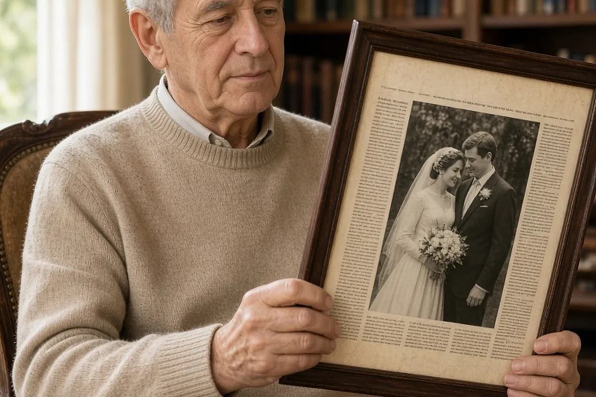 A 68-year-old man in a home library holding a framed vintage newspaper