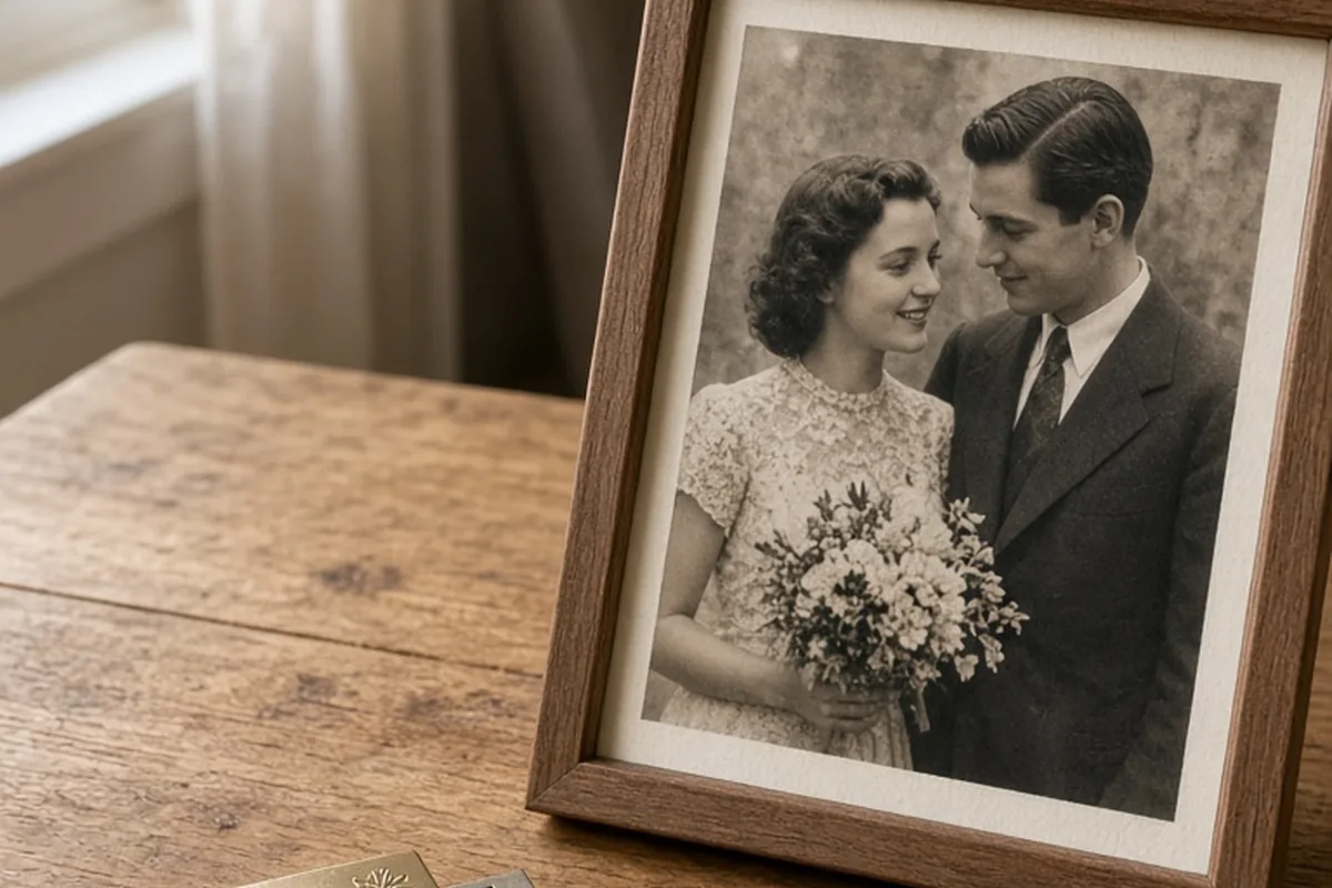 An engraved gold flash drive placed on a wooden table next to a restored original wedding photo in a living room