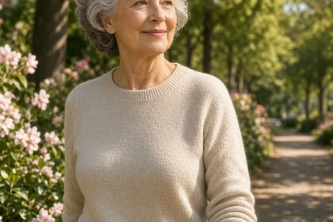 A woman in her mid-60s with short gray hair wearing a yellow gold cuff bracelet while walking in a sunny park