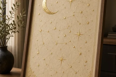 Custom gold-leaf constellation map with stars and constellations representing the night sky on the couple's wedding date, displayed on a wooden table in a modern home interior